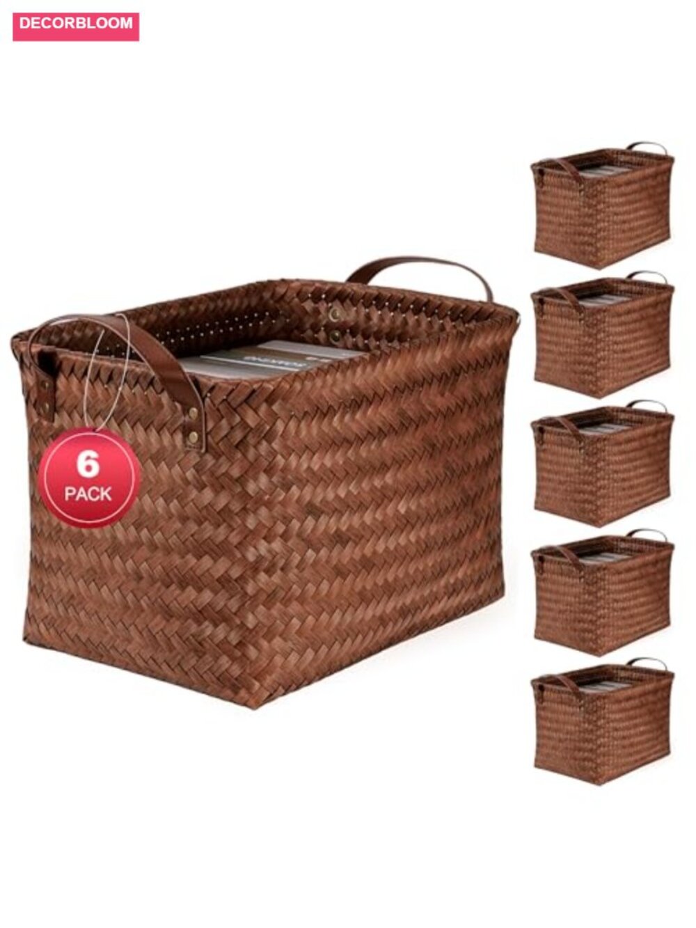 6-Pack Wicker Storage Baskets Handwoven Recycled Plastic Laundry Organizer Set